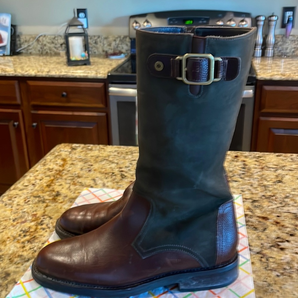 Handsome men’s boots brown leather foot with olive suede ankle to top side zip